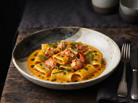 Handmade paccheri pasta with lobster bisque and seafood