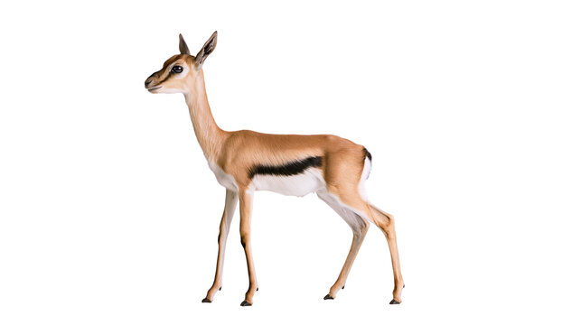 Young Thomson gazelle standing in profile with tan fur and black side stripe