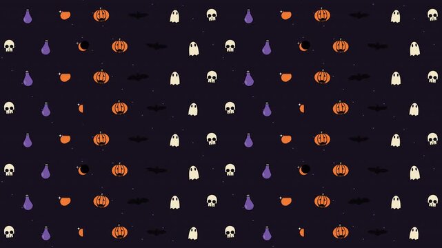 A seamless animated Halloween pattern featuring flat vector-style pumpkins, bats, ghosts, skulls, potion bottles, crescent moons, and stars on a dark gothic background. Smooth horizontal scrolling and