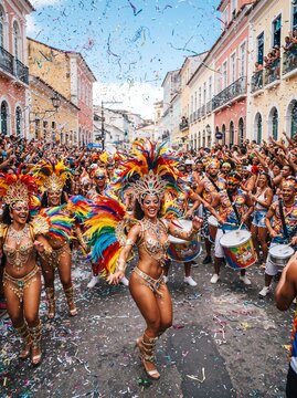 Lively Brazilian carnival street parade party, dancers in flamboyant feathered costumes, confetti swirling through air, vibrant drums and percussion band, high-energy festival atmosphere