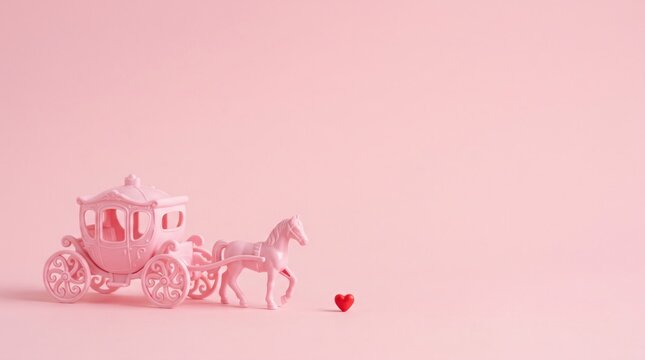 Pink carriage with horse and heart on pink background.