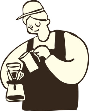 Hand Drawn Illustration of a Barista Brewing Coffee