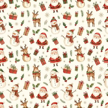 Watercolor Santa, Snowman & Reindeer Christmas Seamless Pattern &ndash; Cute Festive Gifts and Holly on Cream