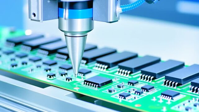 実装機のノズルの細かな表面と縁に斜めの光が届き周囲の柔らかな陰影と素材の厚みが際立つ情景
