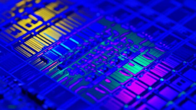 微細回路のウェハの細かな表面と縁に斜めの光が届き周囲の柔らかな陰影と素材の厚みが際立つ情景