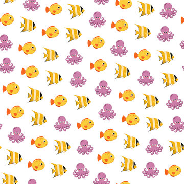 Cartoon fish and octopus seamless pattern