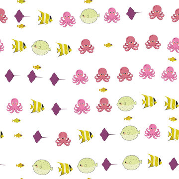 Cartoon sea creatures pattern isolated on transparent background