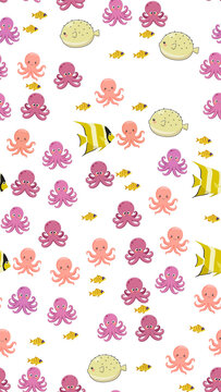 Cartoon sea creatures pattern with octopuses, fish, and pufferfish