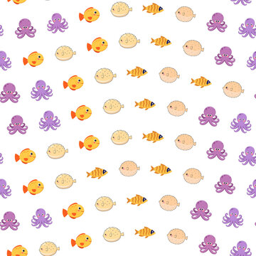 Seamless pattern of cartoon octopuses, fish, and pufferfish