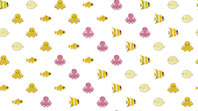 Seamless pattern of cartoon sea creatures with octopuses and fish