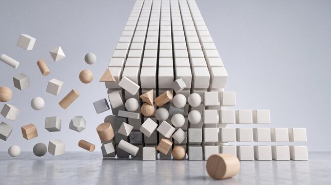 Geometric shapes scattering from collapsing cubes, abstract 3d render, concept of chaos and order, data fragmentation or system failure