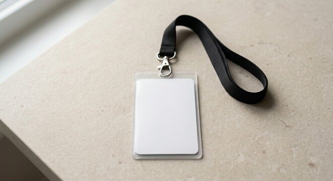 Blank vertical ID card badge mockup with black lanyard strap on beige stone background for corporate branding and identity presentation