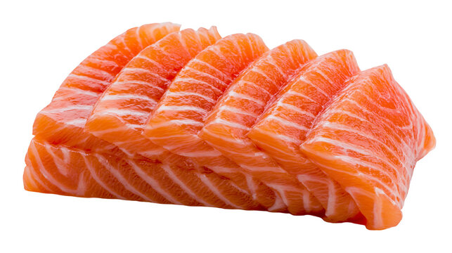 Fresh raw salmon fillet slices arranged in a row