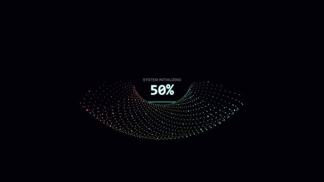 Digital Loading Bar with Percent Progress and Abstract Particle Wave on Black Background