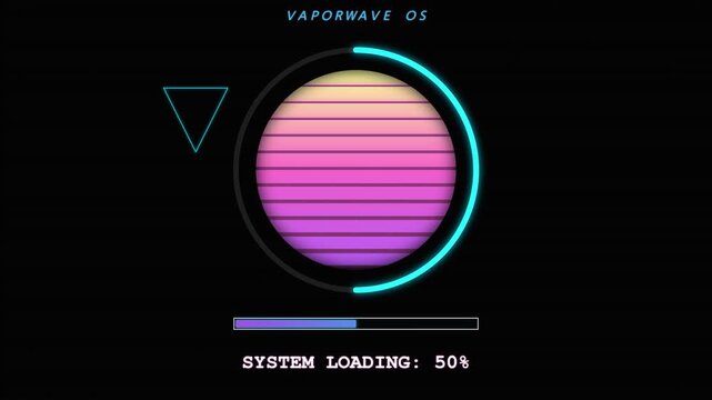 Vaporwave Loading Screen with Retro Sunset Circle and Progress Bar on Black Background