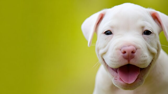 Close-up of a happy white puppy against a green background
