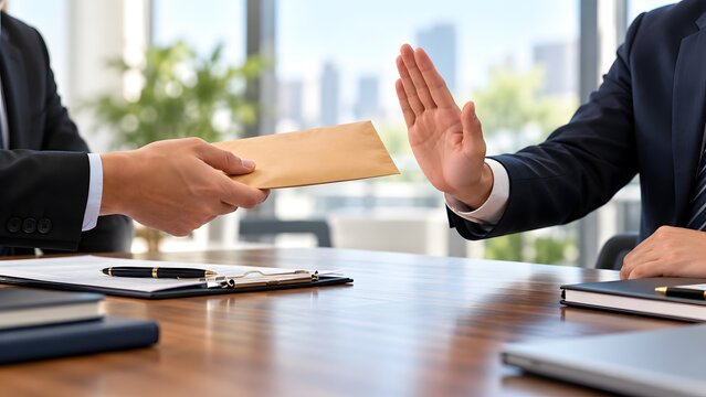 Honest Businessman in a Professional Suit Refusing a Bribe or Secret Payment in a Brown Envelope, Demonstrating Corporate Integrity, Ethics, and Anti-Corruption Stance in a Modern Office Setting