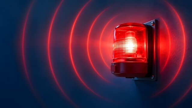 Glowing Red Emergency Siren Beacon Mounted on a Wall Emitting Concentric Light Waves and Warning Signals in a Dark Industrial Setting for Safety Security and Hazard Alert Concept