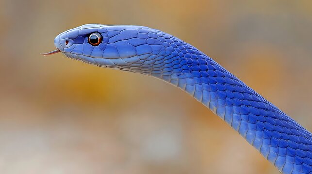 Close-up profile of a blue snake head with red eye and forked tongue