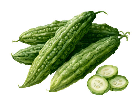 Pile of fresh green bitter melons with sliced pieces on transparent background