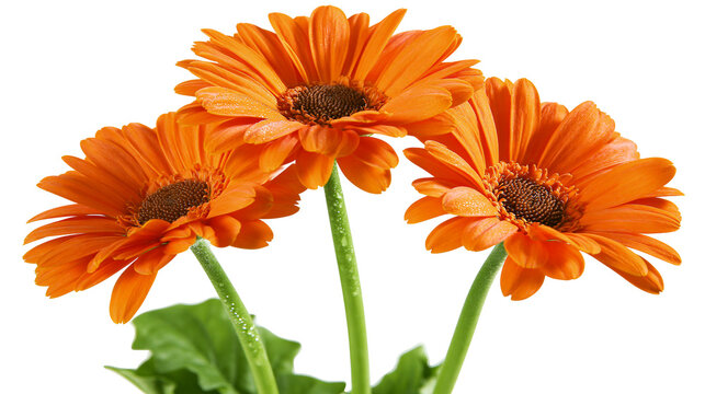 Three vibrant orange gerbera daisy flowers with green stems and leaves