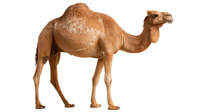 Full body side view of a brown dromedary camel standing