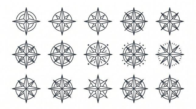 Vintage compass rose line art designs for navigation and travel