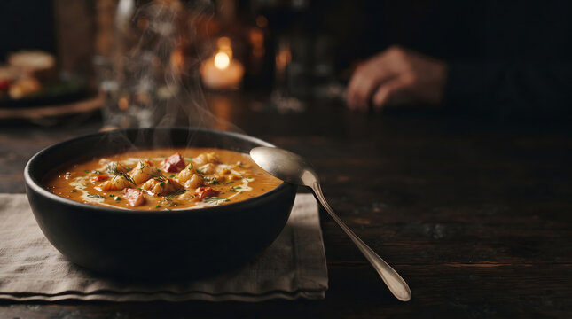 Silver spoon resting on black bowl of seafood bisque with steam