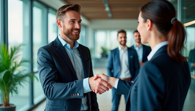 Business handshake between two professionals in office setting with smiling colleagues in background. Business meeting features professional attire and positive interaction.