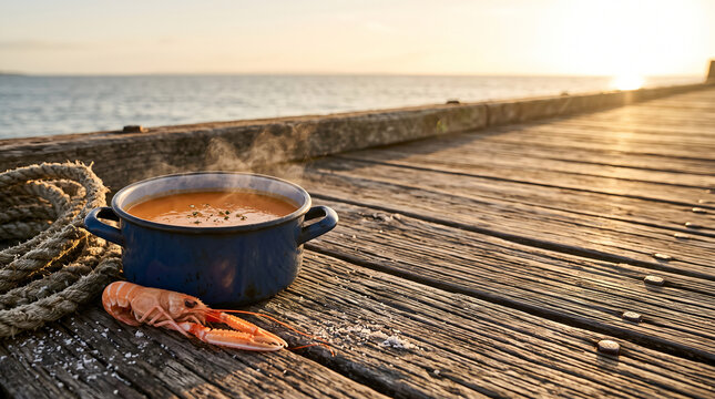 Steaming seafood bisque and langoustine on a wooden pier at sunset
