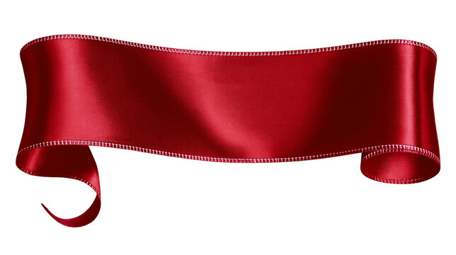 Deep red satin ribbon banner with stitched edges and curled ends