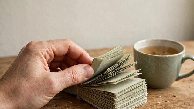 hand opening stack of bills on kitchen table with tea cup