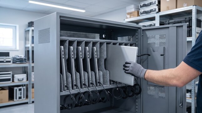 IT Technician Placing Laptop in Charging Storage Cabinet with Organized Power Cables During Office Computer Equipment Management and Device Maintenance