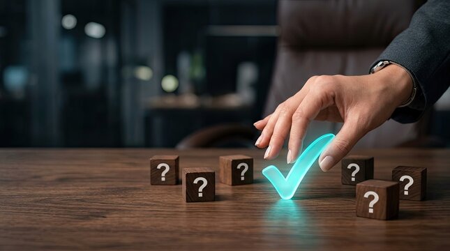 Business person choosing right solution with glowing check mark and wooden question blocks