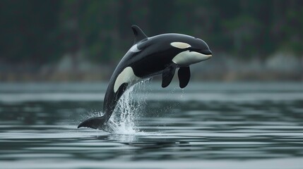 Obraz premium A powerful orca whale breaches the ocean surface, creating a stunning splash