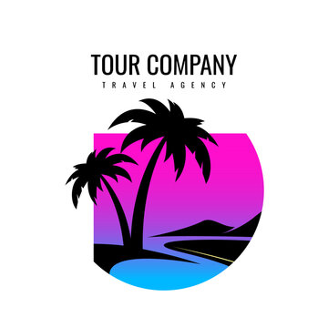 Palm tree drawing. Palm tree signs against mountains and sea on orange background. Color image for logo, emblem or symbol of travel agency or travel. Vector illustration
