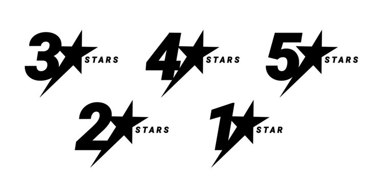 Set of star rating emblems for a product, service, or hotel. Black and white symbols on a white background. Vector illustration.
