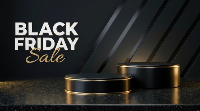 Elegant black friday sale background with luxury product display podiums for commercial advertising and marketing promotional campaigns