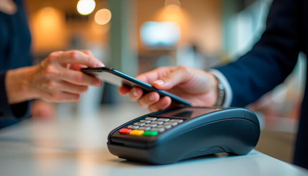 Mobile payment transaction with smartphone and payment terminal at cafe. Smooth mobile payment process involves user tapping smartphone on terminal for purchase.