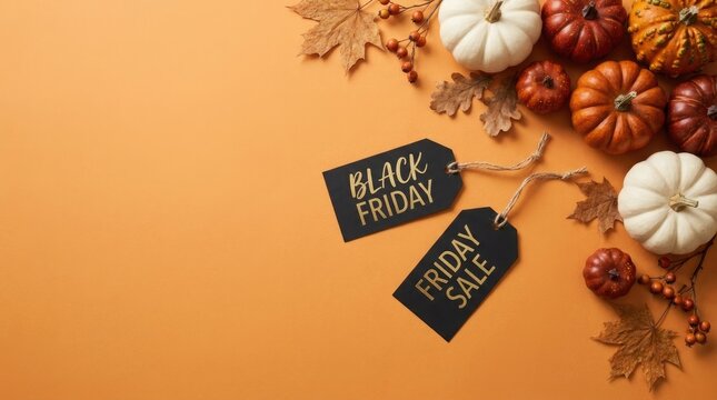 Black friday sale tags with decorative autumn pumpkins and fall leaves on a vibrant orange background