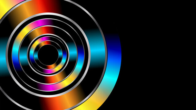 Abstract colorful metallic circles with vibrant neon metallic gradients on black background.
