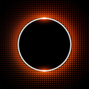 Futuristic neon circle orange frame with metallic border on dark dotted background, Dark futuristic background with copy space.