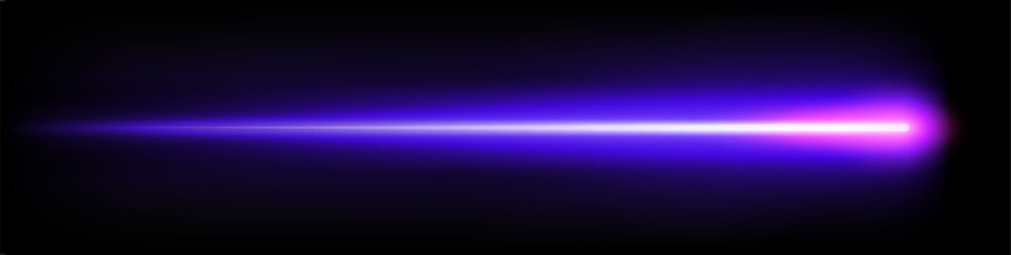 Purple blue laser beam on black background, futuristic abstract neon light flare ray with vibrant glow.