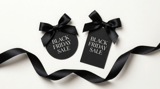 Two elegant black gift tags with bows and black friday text on a white background surface