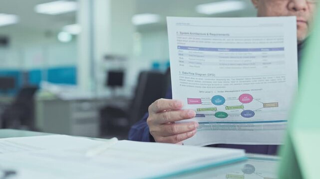 Mature asian businessman reviews system architecture diagram document seated inside corporate office workplace.