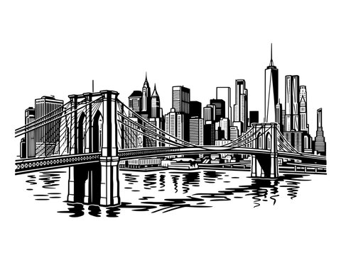 New York City Skyline with Brooklyn Bridge Black and White Illustration