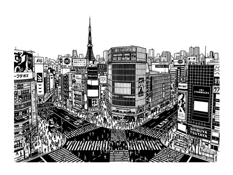 Tokyo Shibuya Crossing Cityscape Hand Drawn Ink Illustration