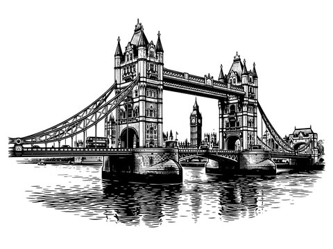 Black and White Engraving of Tower Bridge in London