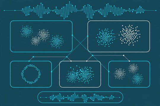 White and cyan dashboard overlay, waveforms and metric tiles, teal