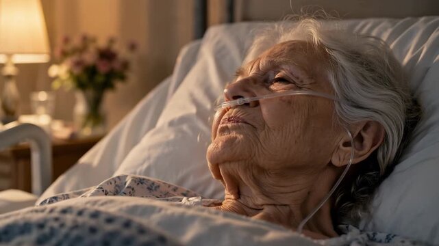 Elderly woman with white hair lying in a hospital bed wearing a nasal oxygen cannula, appearing weak and exhausted during medical care, aging, serious illness and palliative care concept